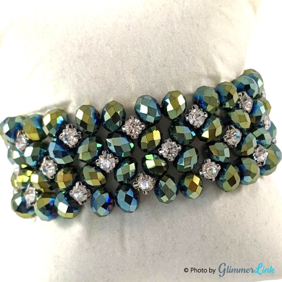 Jewelry - Sparkly Green AB Faceted Beads Rhinestone Crystals Stretch Bracelet